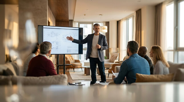 A business professional presents a strategy on a large screen to a group of colleagues in a modern meeting room, fostering collaboration and discussion