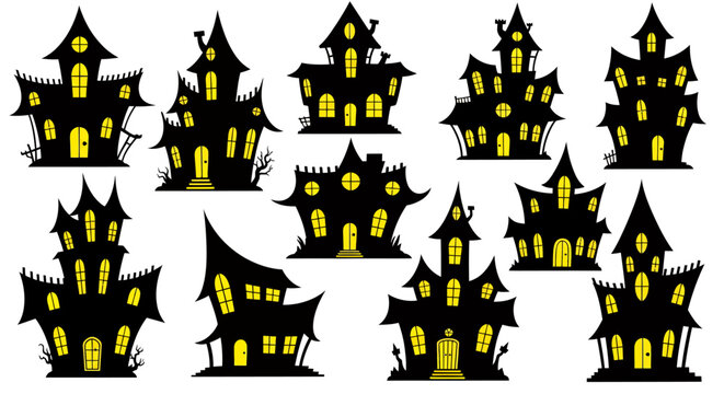 Collection of spooky haunted houses with glowing yellow windows in a repeating pattern.