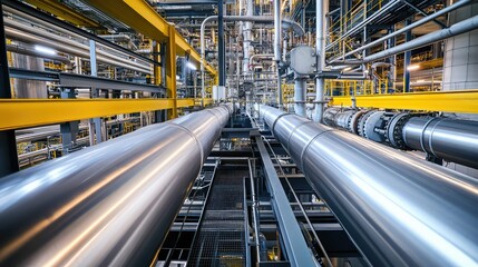 Fototapeta premium Industrial process plant interior showcasing complex network of metal pipes and technological equipment facilitating manufacturing, engineering, and energy production