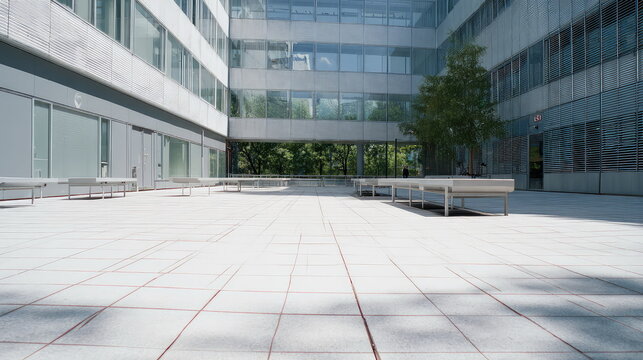 Modern office building featuring an open air courtyard with clean architectural lines, many glass windows, several long benches, and a small green tree growing in the center