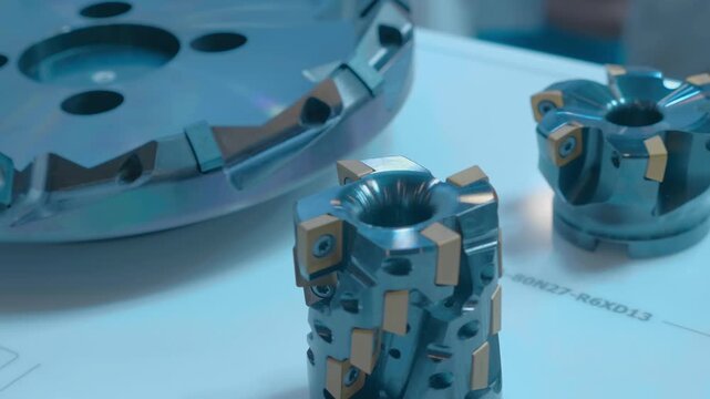 A range of new, shiny cutters for milling machines, of various shapes and purposes, are presented at the exhibition. Closeup. Shot in motion