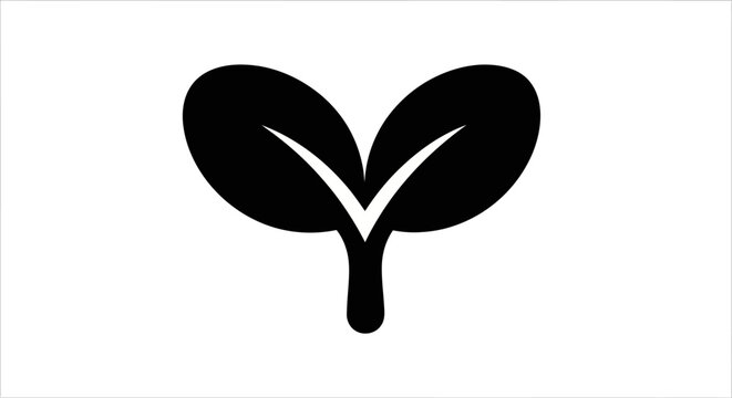Minimalist Black Silhouette of a Young Sprout with Two Leaves on White Background