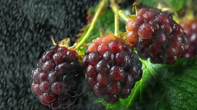 Water spraying on fresh blackberries on a vine