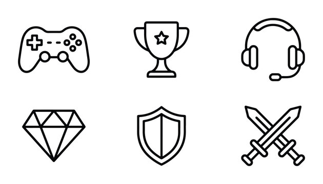 Gaming Icons Set: Video Game Controller, Trophy, Headset, Diamond, Shield, Swords. Vector Graphics for Entertainment and Competition.