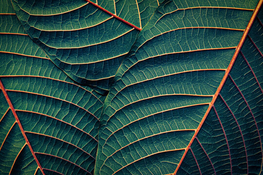 Kratom leaf texture with symmetry red veins, Tropical botanical foliage pattern with dramatic light and deep teal shadows.