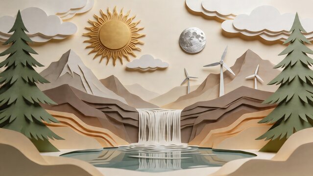 Paper art landscape with waterfall