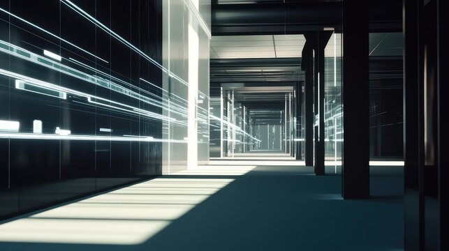 Digital data lines traversing a futuristic server room corridor, illustrating advanced technology, cyberspace, and abstract network concepts within a modern data center structure