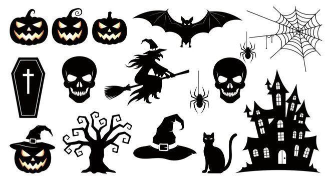 Halloween Silhouette Icon Set Featuring Pumpkins, Bats, Witch, Cat, Coffins, Skulls, Spider Webs and Haunted House.