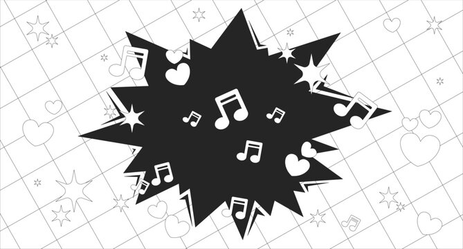Energetic music burst with hearts and sparkles lo fi line background. Rhythmic comic pop explosion with musical notes. Black and white LoFi aesthetic illustration. Flat vector outline cartoon art