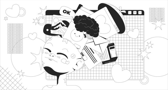 Y2K surreal overflowing mind with digital media lo fi line illustration. Vaporwave tech character. 2000s computer interface. Black and white LoFi aesthetic wallpaper. Flat vector outline cartoon art