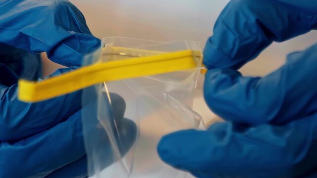 Blue gloved hands opening a sealed transparent plastic pouch with yellow strip