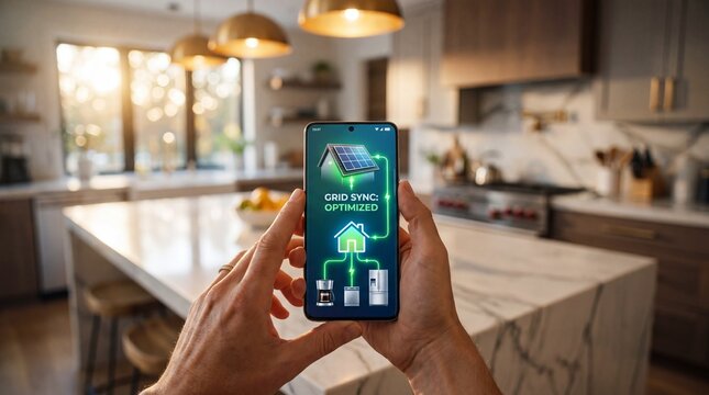Person holding smartphone showing smart home energy management app with solar panel integration in a modern kitchen
