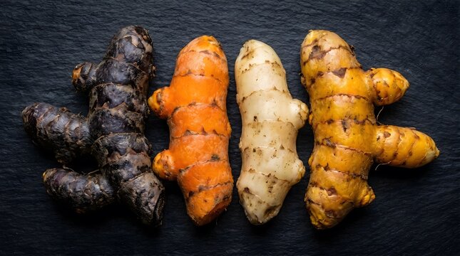 Vibrant Turmeric Roots, Culinary and Herbal Ingredients Top view turmeric curcuma flat lay overhead shot, anti-inflammatory natural spice functional food