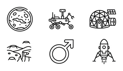 Space Exploration Icons Set: Mars Rover, Lunar Lander, Dome Habitat, Planet, Mars Symbol, Astronaut Landscape, Vector Graphics for Science and Technology © Sazzad