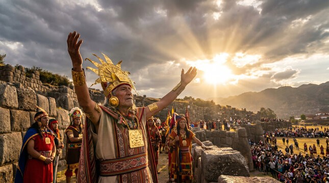 Ancient Inca Ceremony at Sunset with Man in Traditional Headdress Raising Arms