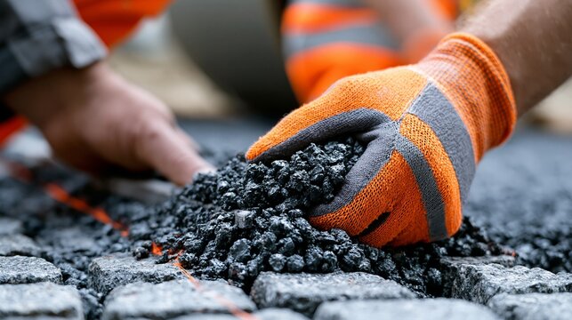 H&auml;nde mit orangefarbenen Schutzhandschuhen halten frischen Asphaltschotter auf einer Baustelle.