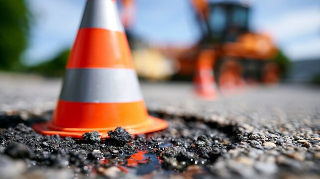 Einzelner oranger Verkehrsh&uuml;tchen auf aufgerissenem Asphalt mit einem Bagger im verschwommenen Hintergrund.