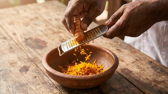Man grating turmeric root with grater, cooking and healthy eating concept Top view turmeric curcuma flat lay overhead shot, anti-inflammatory natural spice functional food