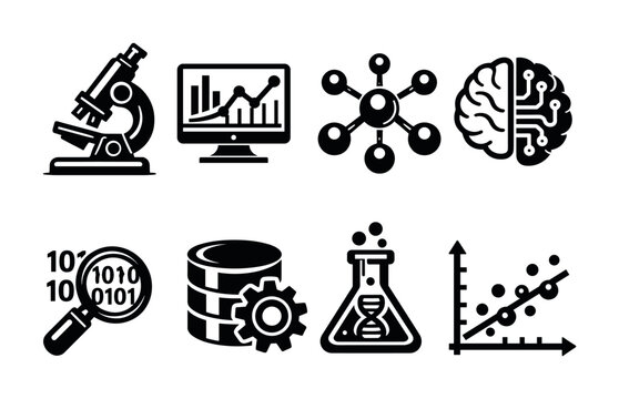 Collection of scientific and data analysis icons representing research and technology