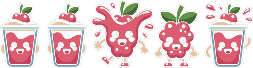 Cute raspberry smoothie and berry splash cartoon characters collection with kawaii fruit drink mascots vector illustration © MstSabera