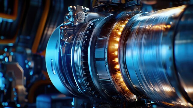 Industrial gas turbine engine inside a factory, detailed close up of metallic components and rotating mechanisms generating high power propulsion and electrical energy for industry