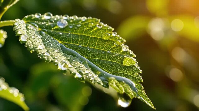 Leaf with Dew Drops in Morning Sunlight on Fresh Green Plant