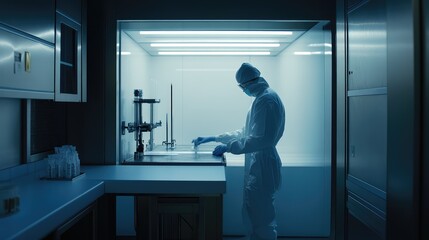 Fototapeta premium Scientist in protective cleanroom suit and gear handling samples and instruments in a sterile lab, conducting precise chemical and pharmaceutical research for medical development