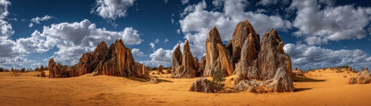 Tall limestone rock formations standing in  vast orange desert under  bright cloudy blue sky