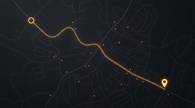 Dark digital city map with glowing gold route, navigation path with destination pin, futuristic GPS tracking interface for logistics and delivery