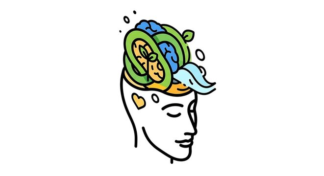 A creative person with a thoughtful expression and a brain full of ideas and inspiration