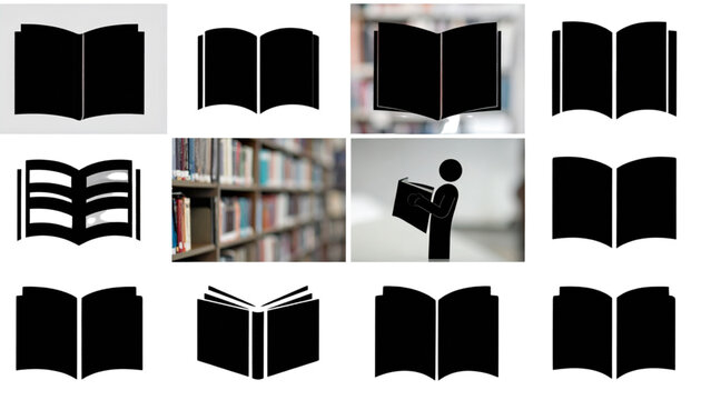 Solid black book and reading icon collection for education design
