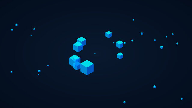 Abstract blue isometric cubes data structure on dark background with isometric abstract geometric