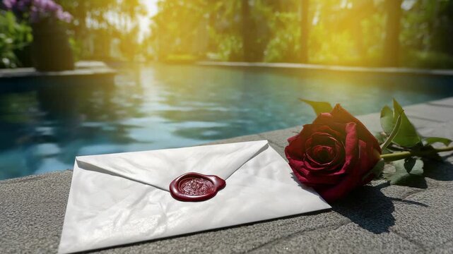 Red rose and sealed letter by swimming pool