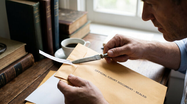 Man Opens Sealed Official Court Document with Knife at Desk