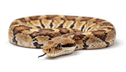 Fototapeta premium Close up view of snake head with body coiled on white background.