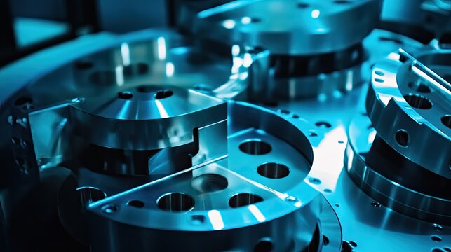 Metal components featuring intricate designs and reflective surfaces rotating within a specialized industrial machine, highlighting advanced manufacturing and technology