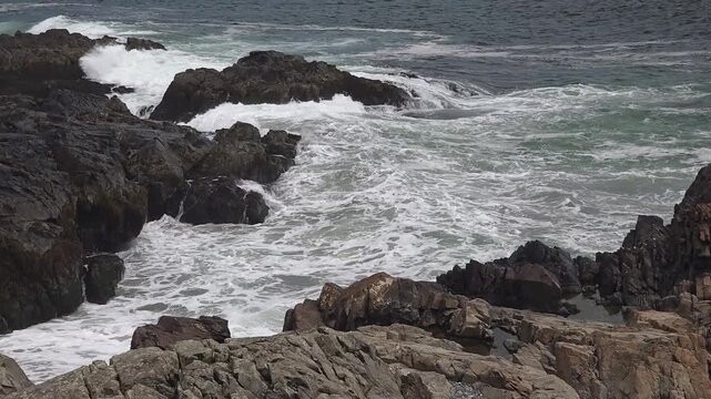 Rocks line the shore under a bright blue sky. Waves crash against stone with white foam. Tides roll in, carrying seaweed and sand. Sunlight glints off the water's surface
