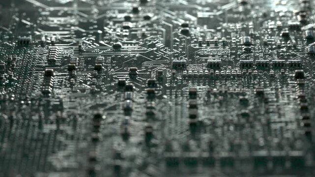 Close up shot of a notebook motherboard with blue cinematic lighting reflecting on microchips and circuits.