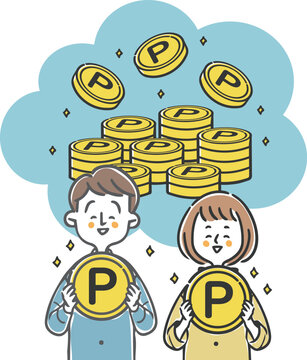 ポイ活でポイントをたくさんゲットする夫婦　ベクター