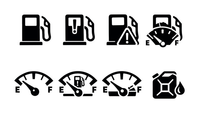 Collection of fuel gauge and gas station icons indicating fuel levels and warnings