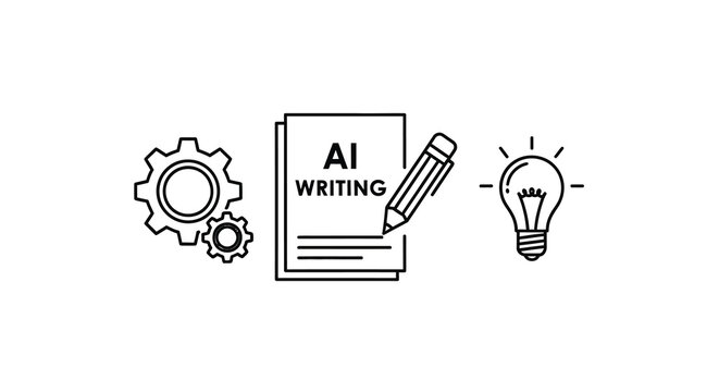 ai writing concept with gears notepad and lightbulb icon set