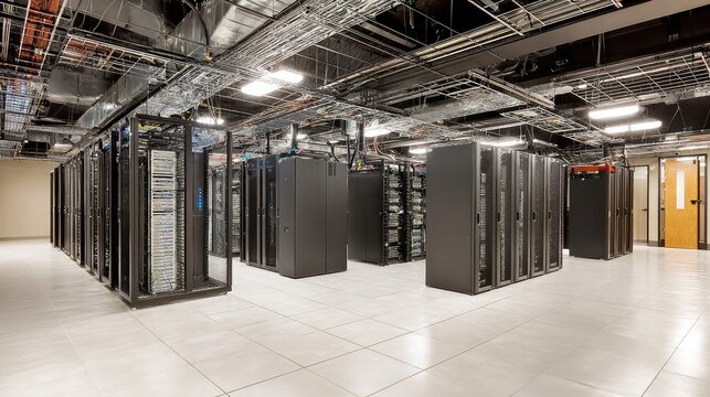Modern server room providing essential it infrastructure with rows of network servers, mainframes, racks, storage, and extensive cabling for digital communication, technology, and cloud computing