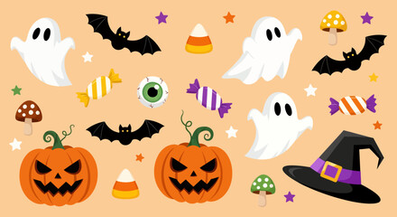 Obraz premium Halloween scene with pumpkins, ghosts, bats and witch hat on an orange background.