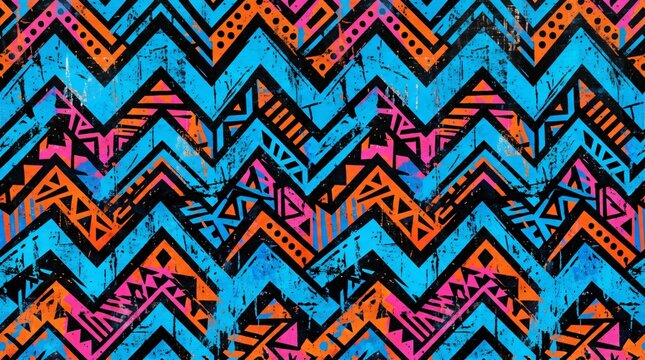 Vibrant tribal zig-zag chevron pattern in bright blue orange and pink with grunge texture