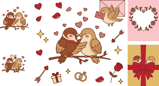 Cute Kawaii Sparrow Lovebird Couple Set on Branch with Heart Rose Ring Gift Wreath and Envelope Valentine Vector Illustration