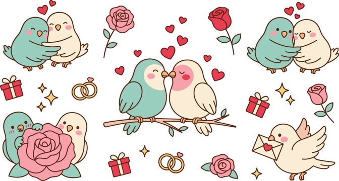 Cute Kawaii Lovebird Couple Set with Rose Heart Ring Gift Envelope Hugging and Sitting on Branch Valentine Vector Illustration