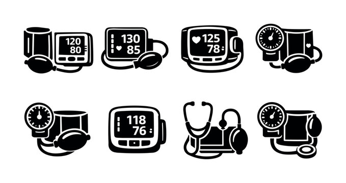 Collection of medical icons representing blood pressure monitors and vital signs
