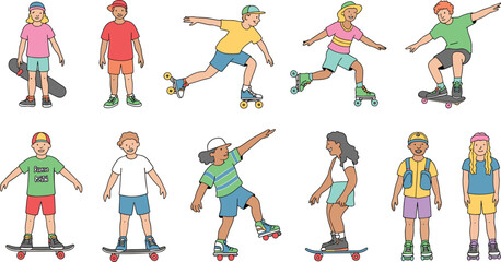 Hand drawn skateboard and roller skating teenagers collection with streetwear fashion poses and summer youth vector illustration © MstSabera