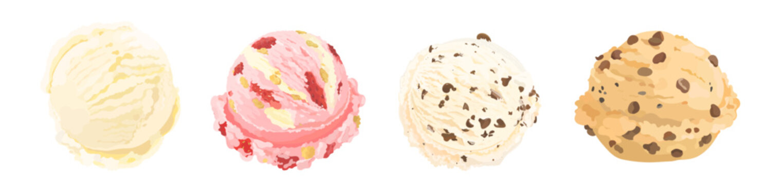Set of cartoon vanilla and strawberry cheesecake ice cream scoop with fruits, chocolate chip and nuts. Summer dessert illustration isolated on white. Perfect for menu, packaging and design.