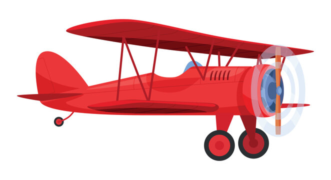 Red biplane with classic aircraft fuselage isolated on plain background for graphic design and illustration purposes dedicated to aircraft and engineering